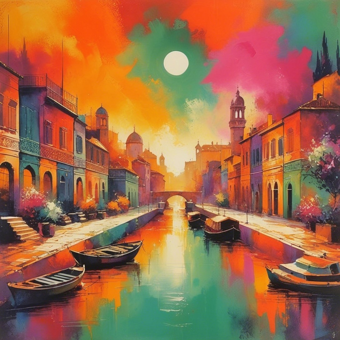 Vibrant Canal Scene with Warm Sunset Hues
