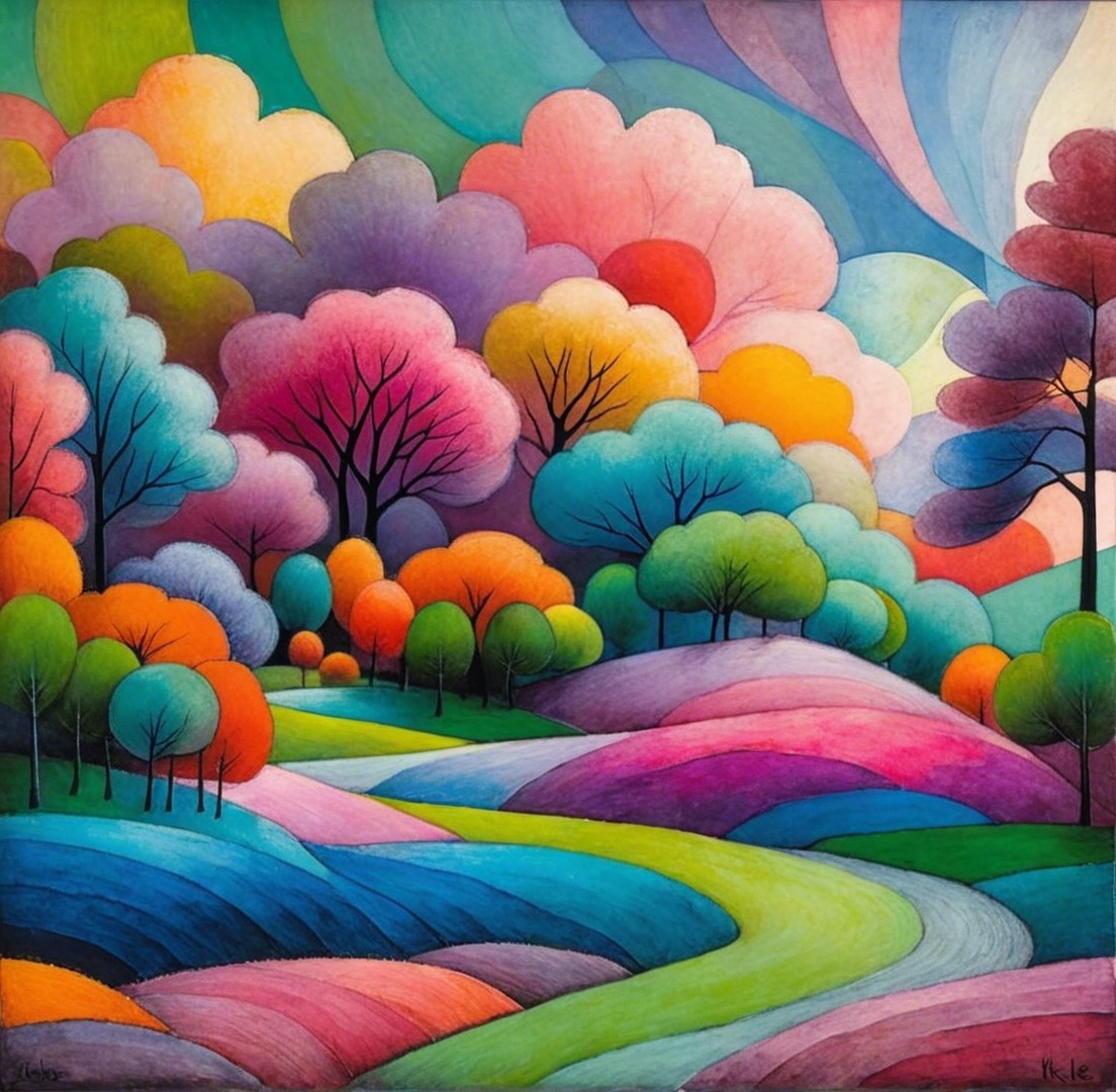 Vibrant Landscape with Bold Colors and Whimsical Elements