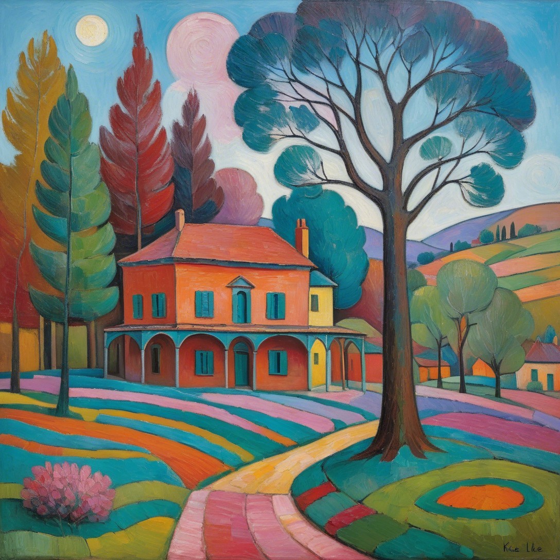 Colorful Landscape with House and Lush Greenery