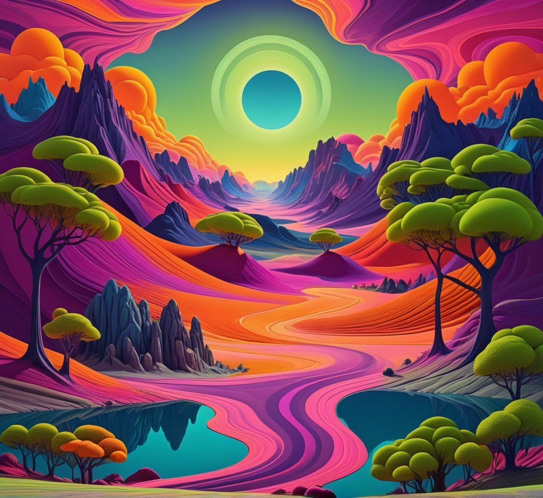 Surreal Landscape with Colorful Mountains and River