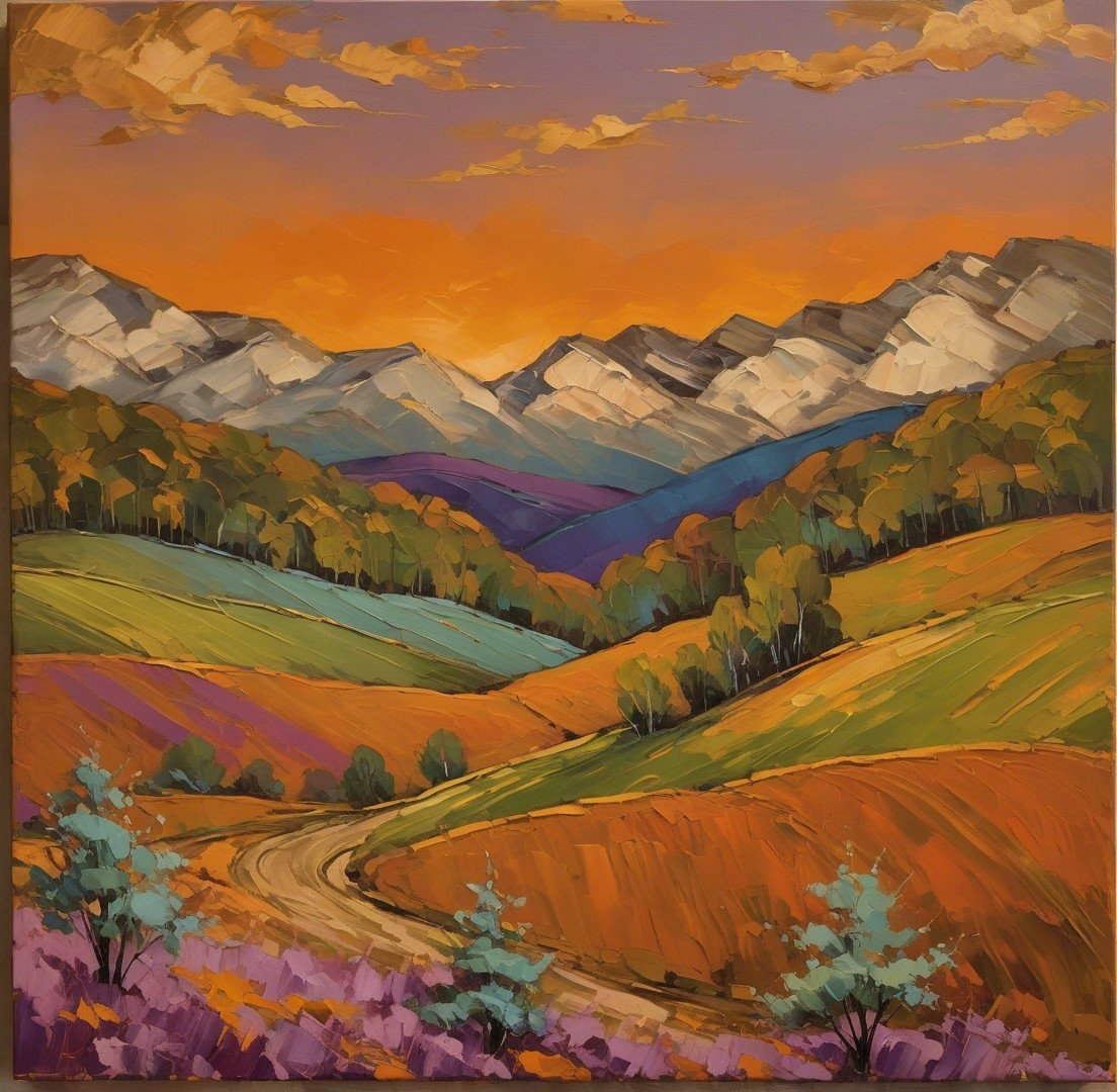 Vibrant Landscape with Rolling Hills and Sunset Sky