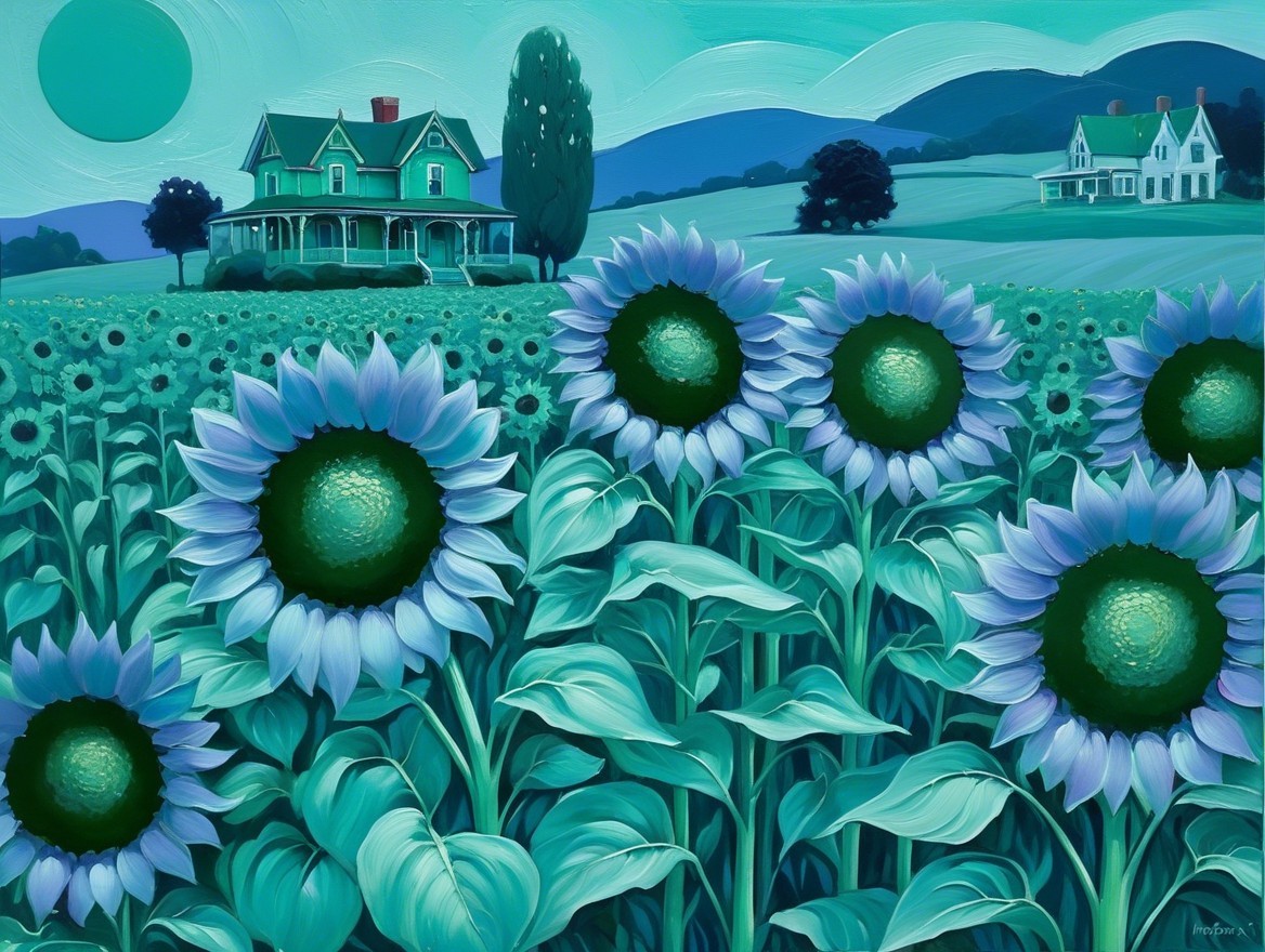 Vibrant Landscape with Sunflowers and Victorian House