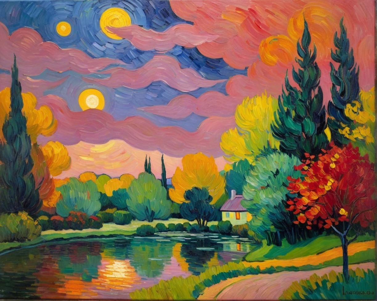 Vibrant Landscape with Tranquil Pond and Colorful Sky