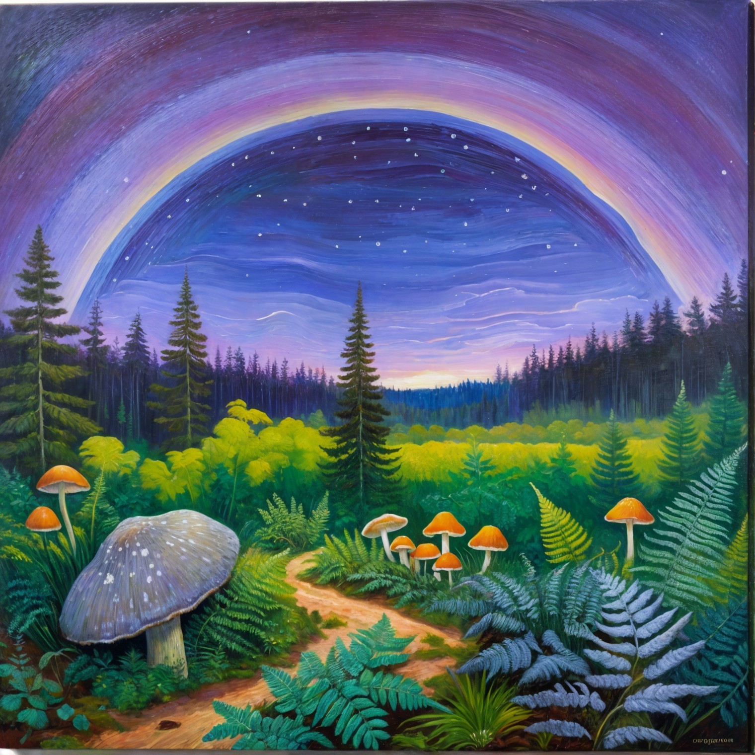 Vibrant Ferns and Mushrooms Under Twilight Sky