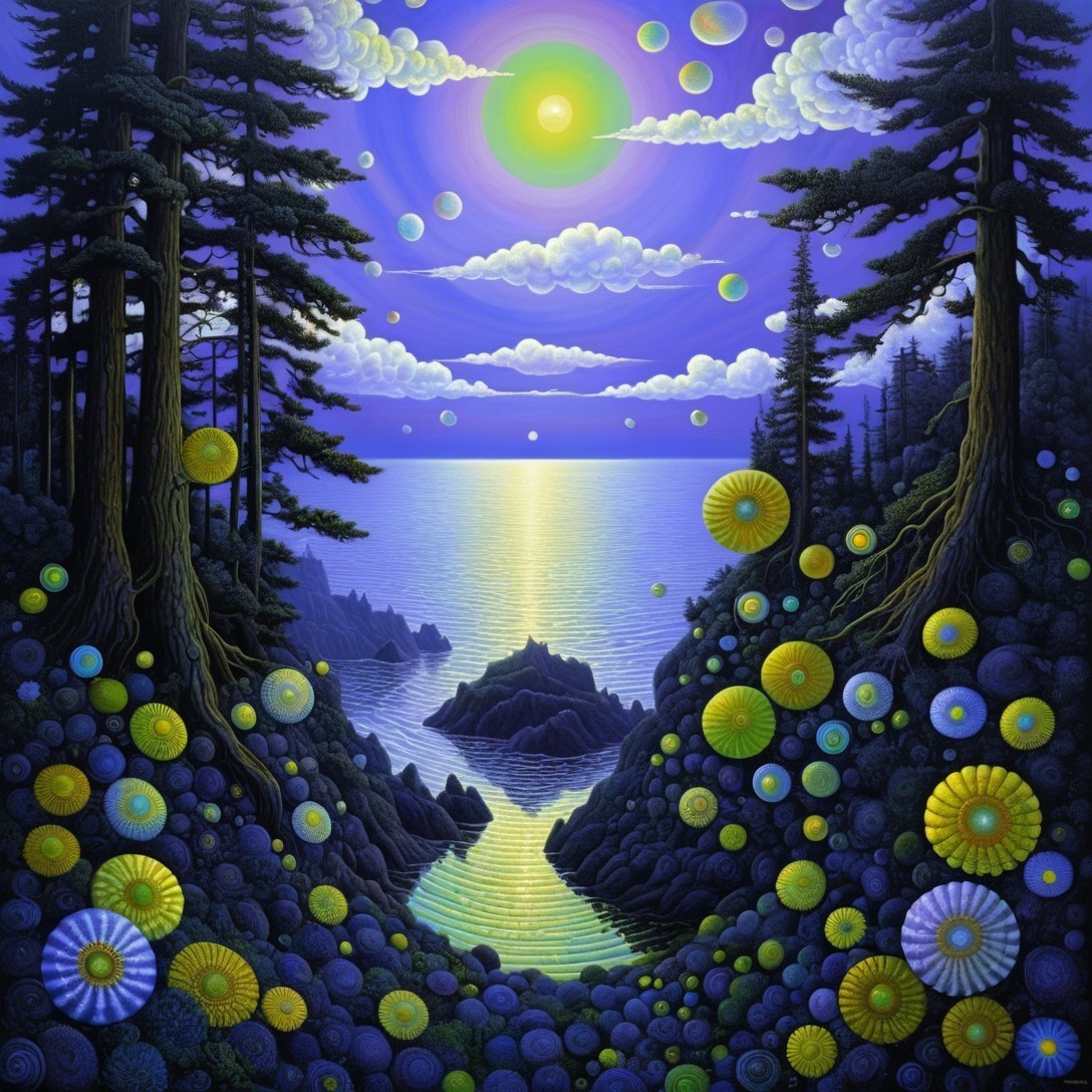 Surreal Landscape with Serene Bay and Colorful Orbs
