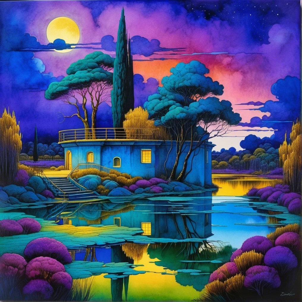 Twilight Scene with Circular Building and Lake Reflections