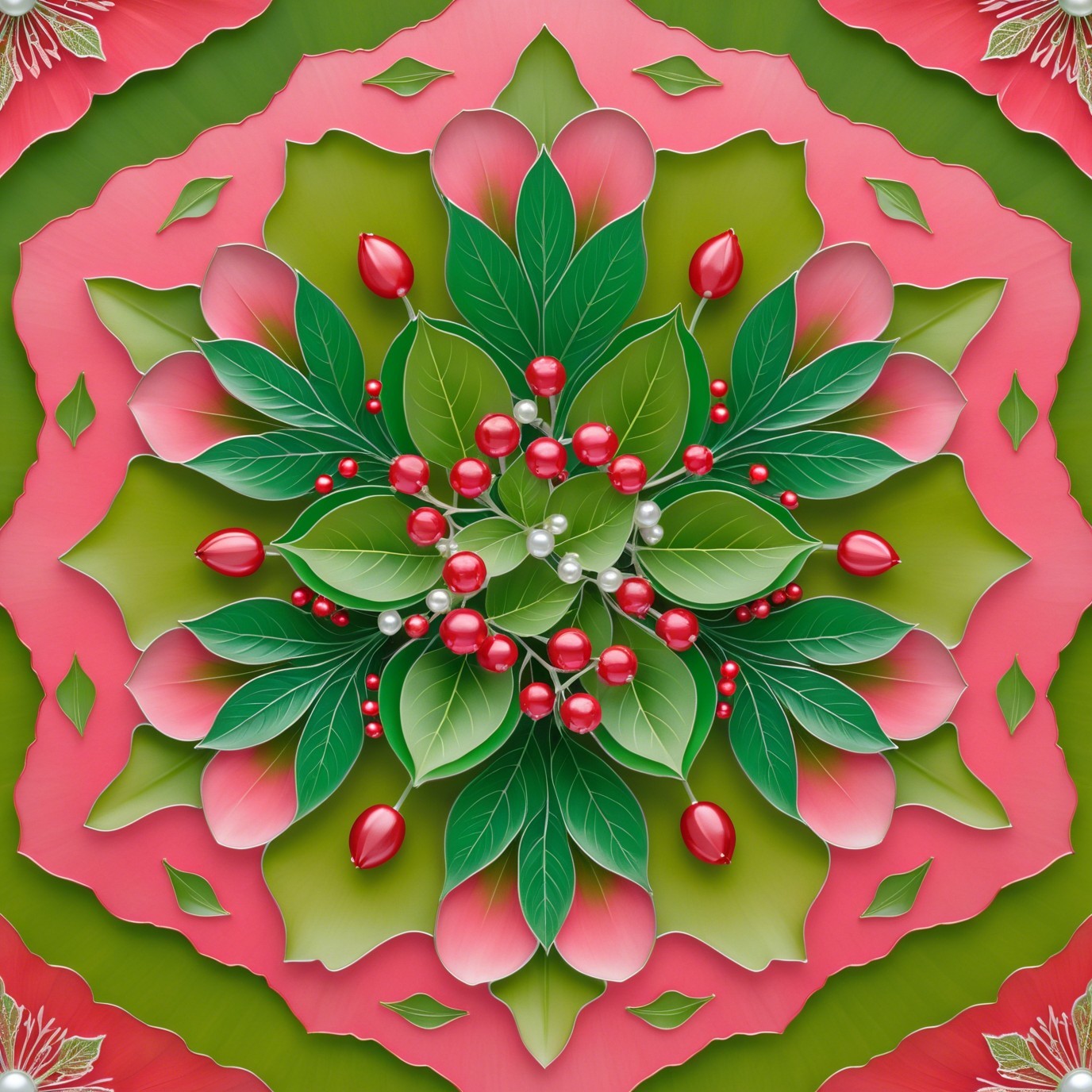 Symmetrical Floral Mandala with Green and Pink Elements