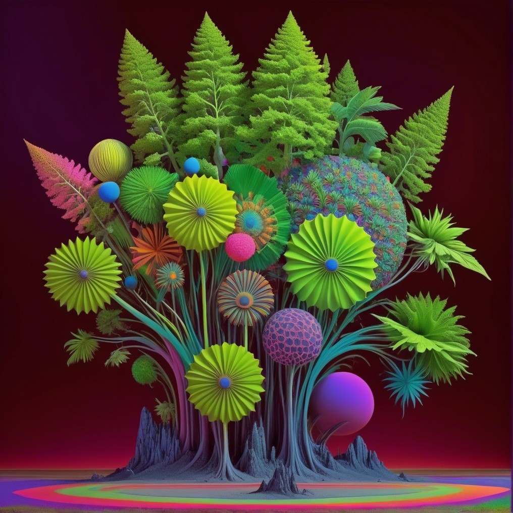 Surreal tree with colorful geometric foliage and patterns