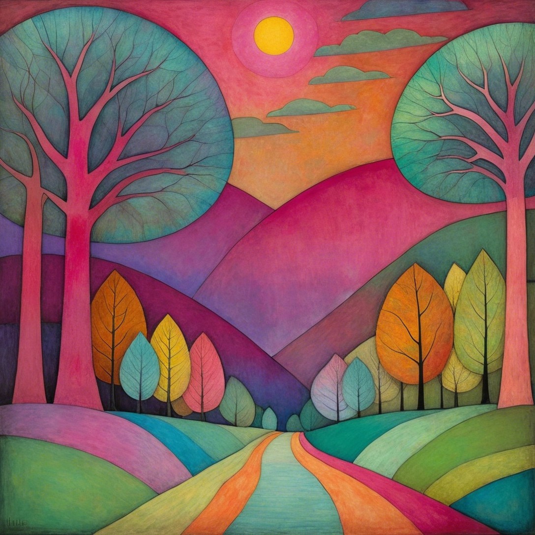 Vibrant Abstract Landscape with Colorful Trees and Sky