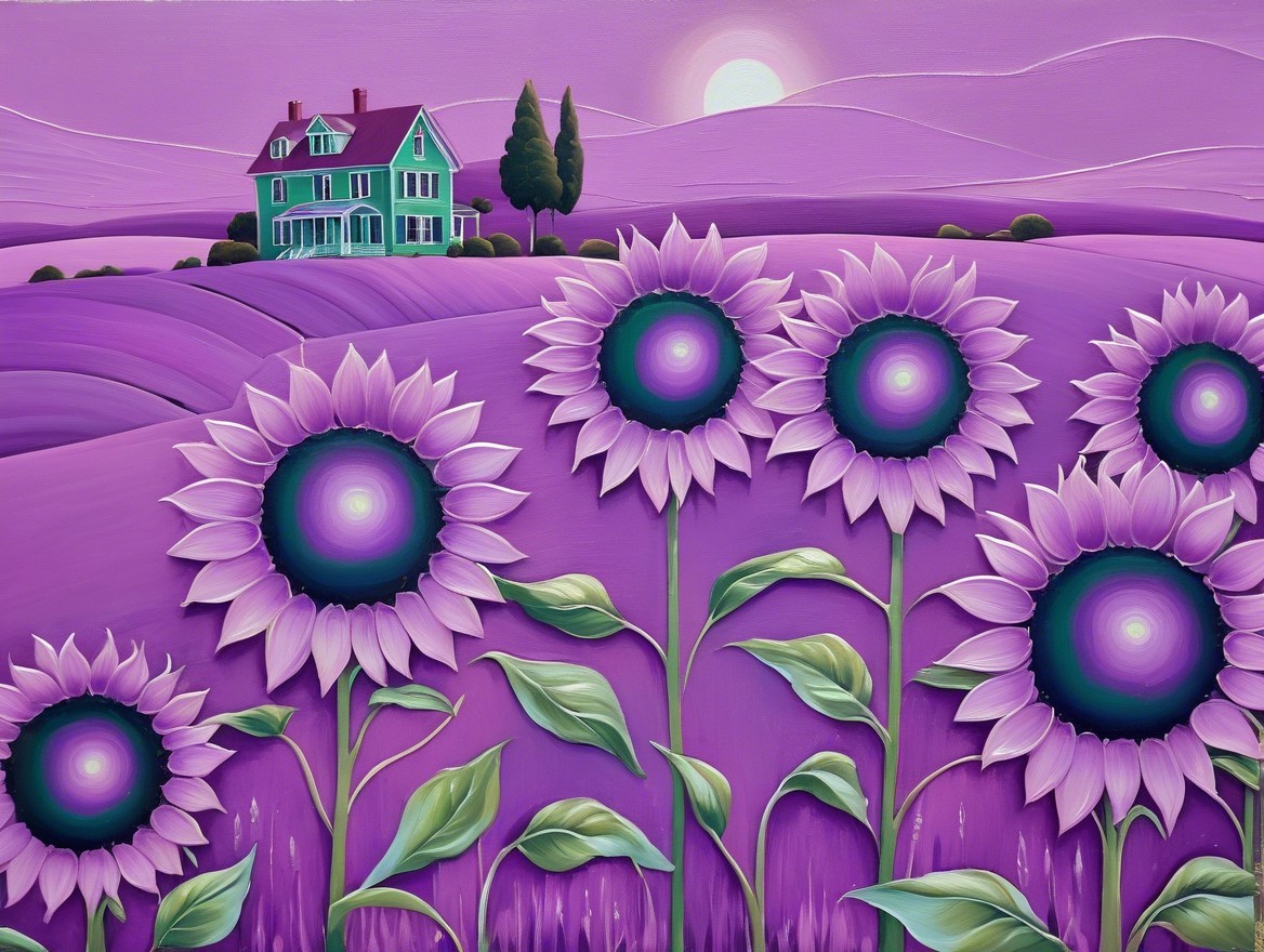 Vibrant Landscape with Green House and Sunflowers