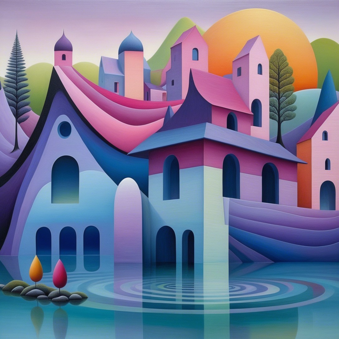 Dreamlike Landscape with Pastel Houses and Water