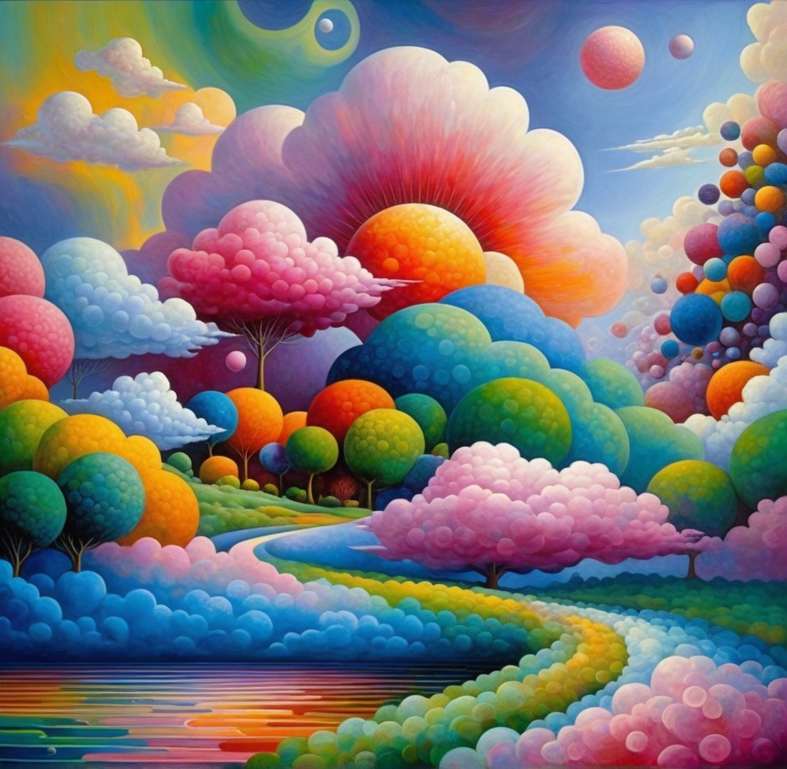 Surreal Landscape with Colorful Clouds and Trees