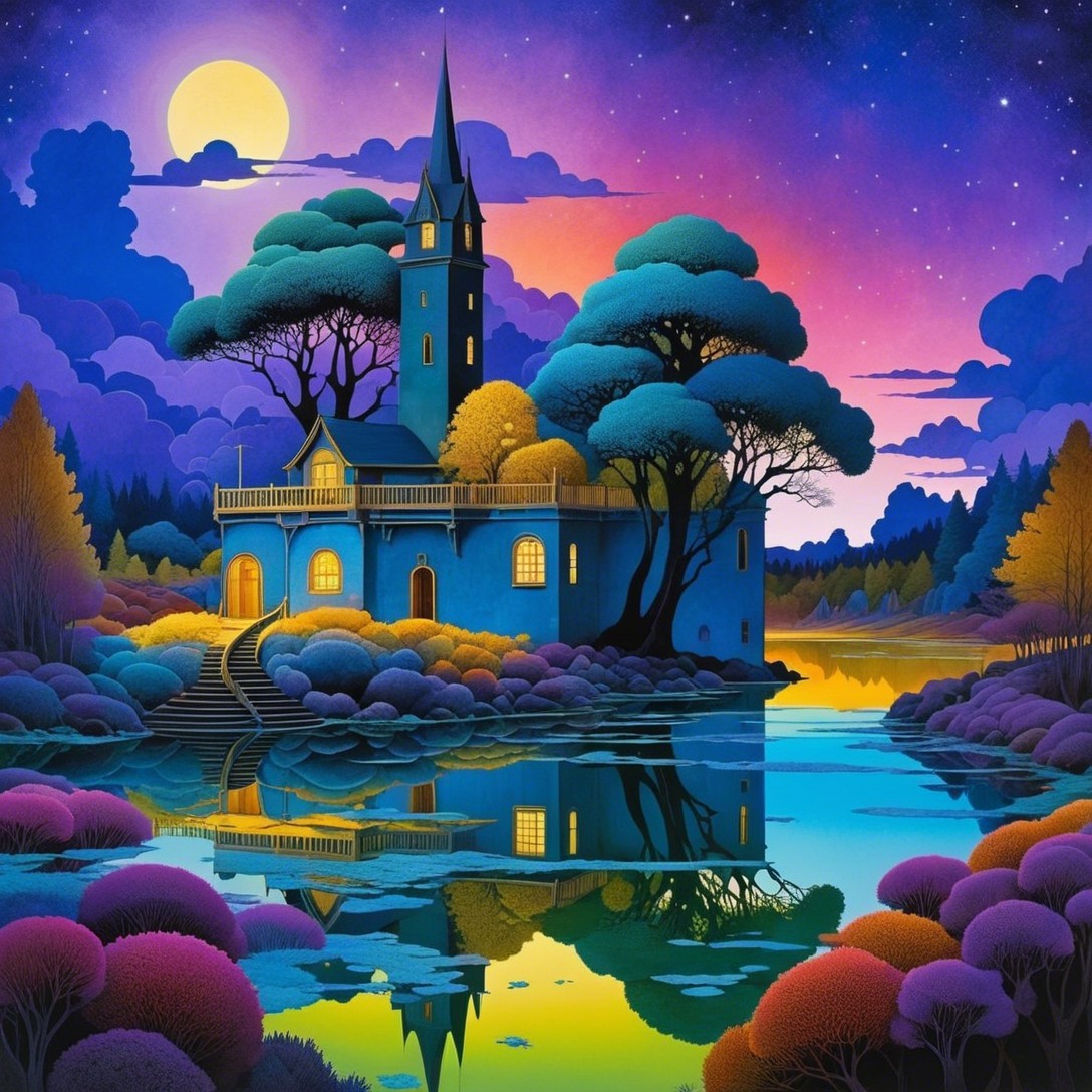 Whimsical Castle by Serene Lake at Night
