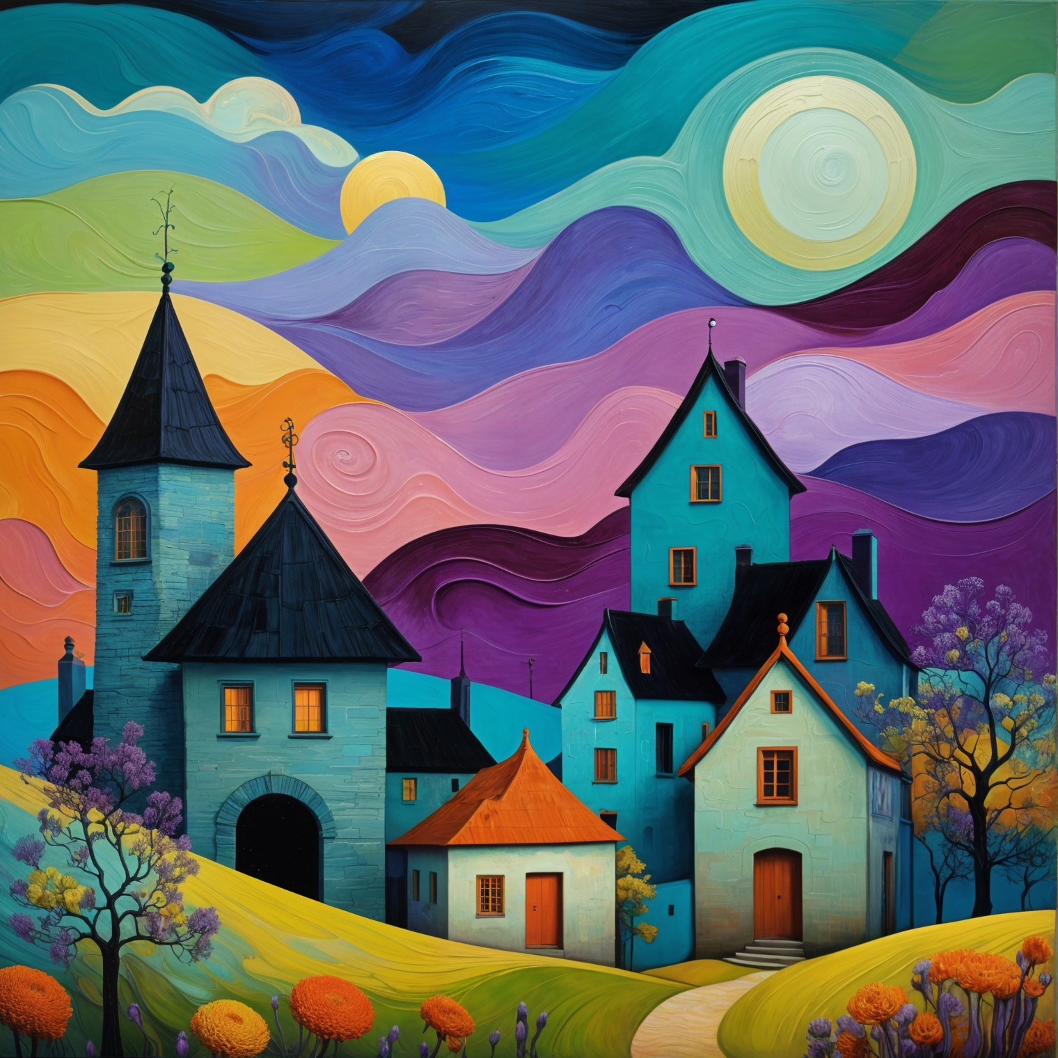 Whimsical Landscape with Colorful Hills and Moonlight
