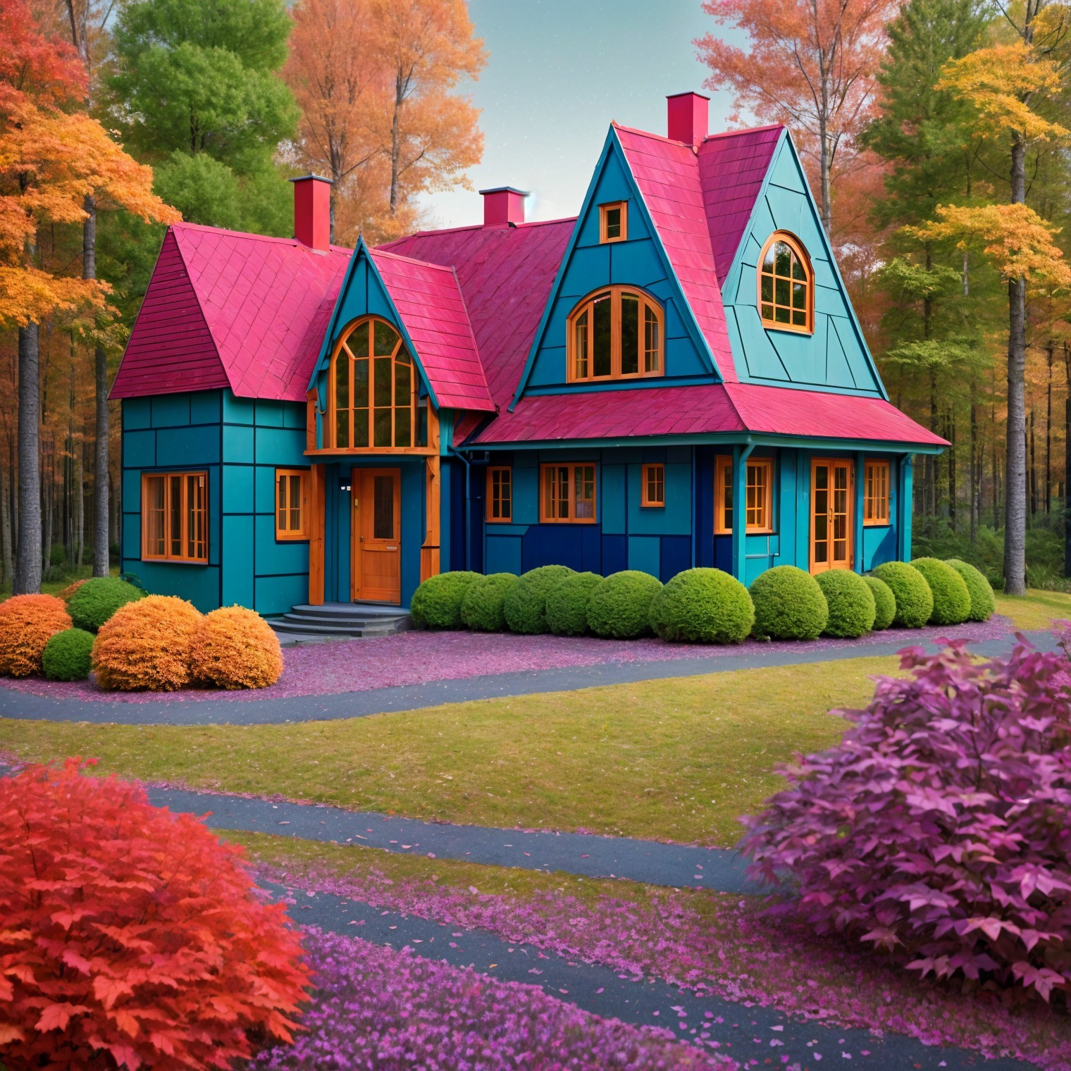 Whimsical House with Blue and Red Siding in Autumn Forest