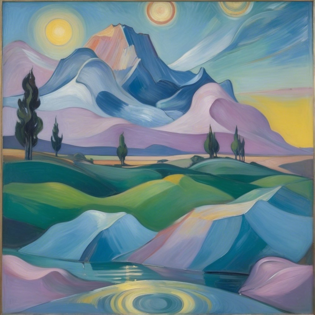 Vibrant Stylized Landscape with Majestic Mountains