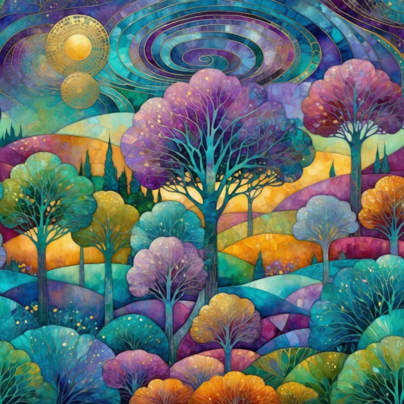 Stained-Glass Fantasy Landscape with Colorful Elements