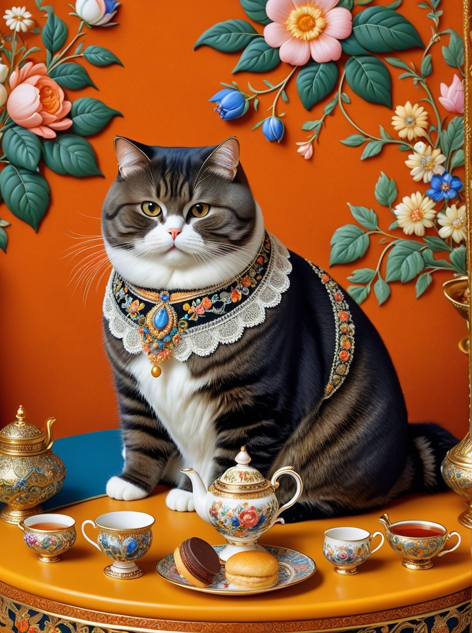 Regal Cat in Opulent Tea Setting with Decorative Collar