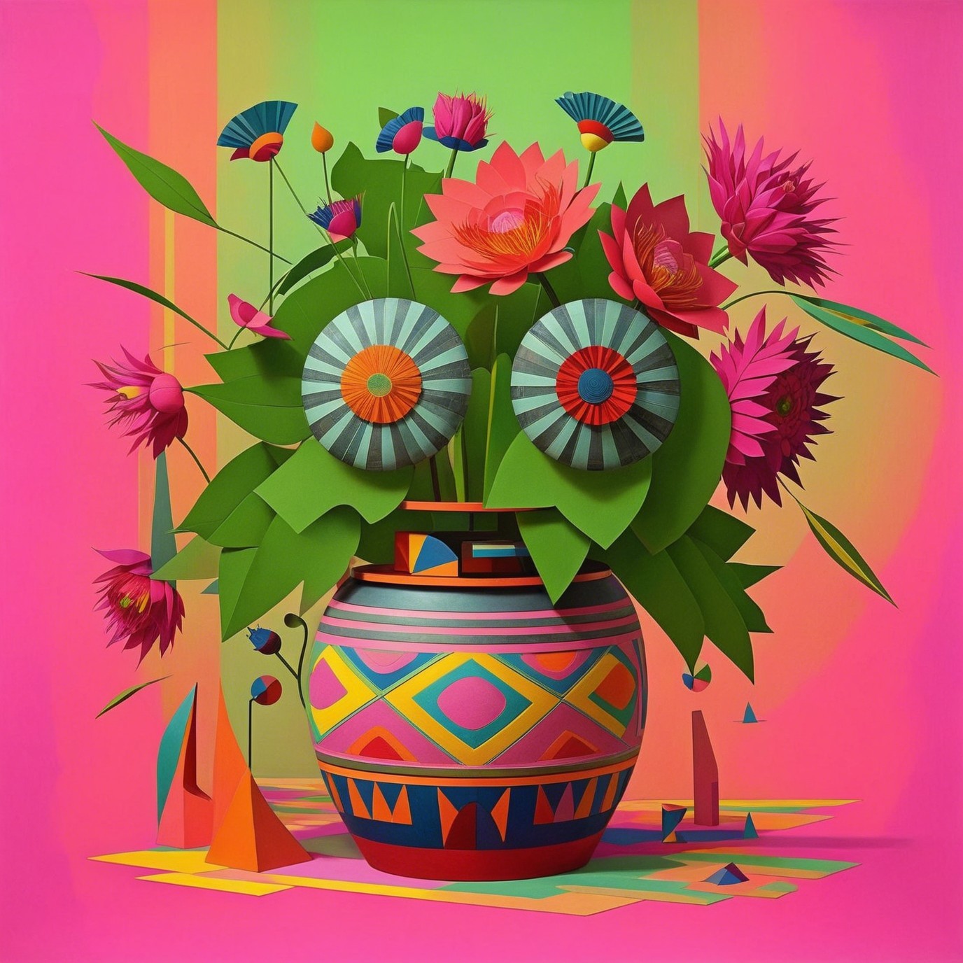 Vibrant Still Life with Colorful Vase and Abstract Flowers