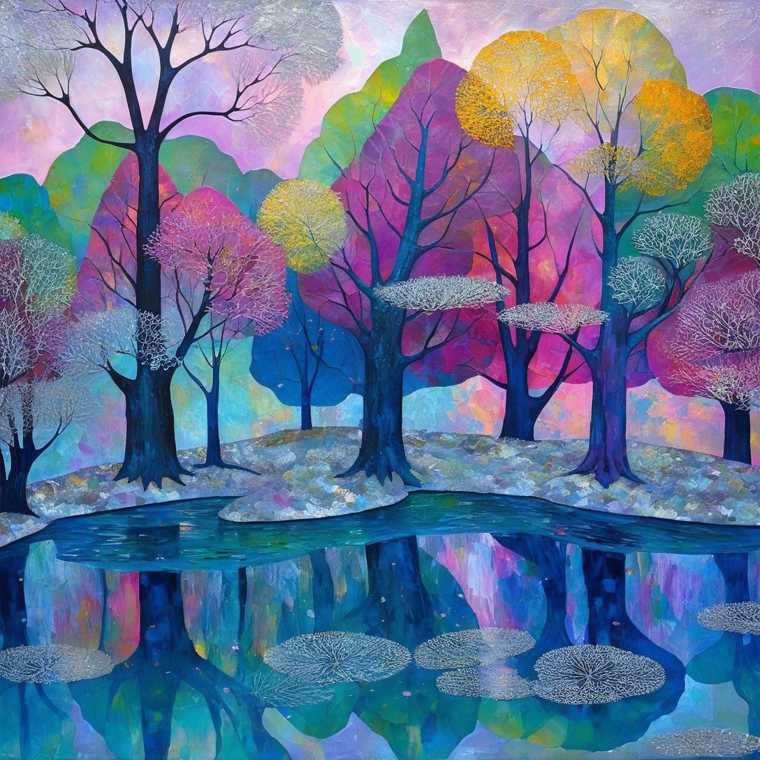 Vibrant Landscape with Serene Lake and Colorful Trees