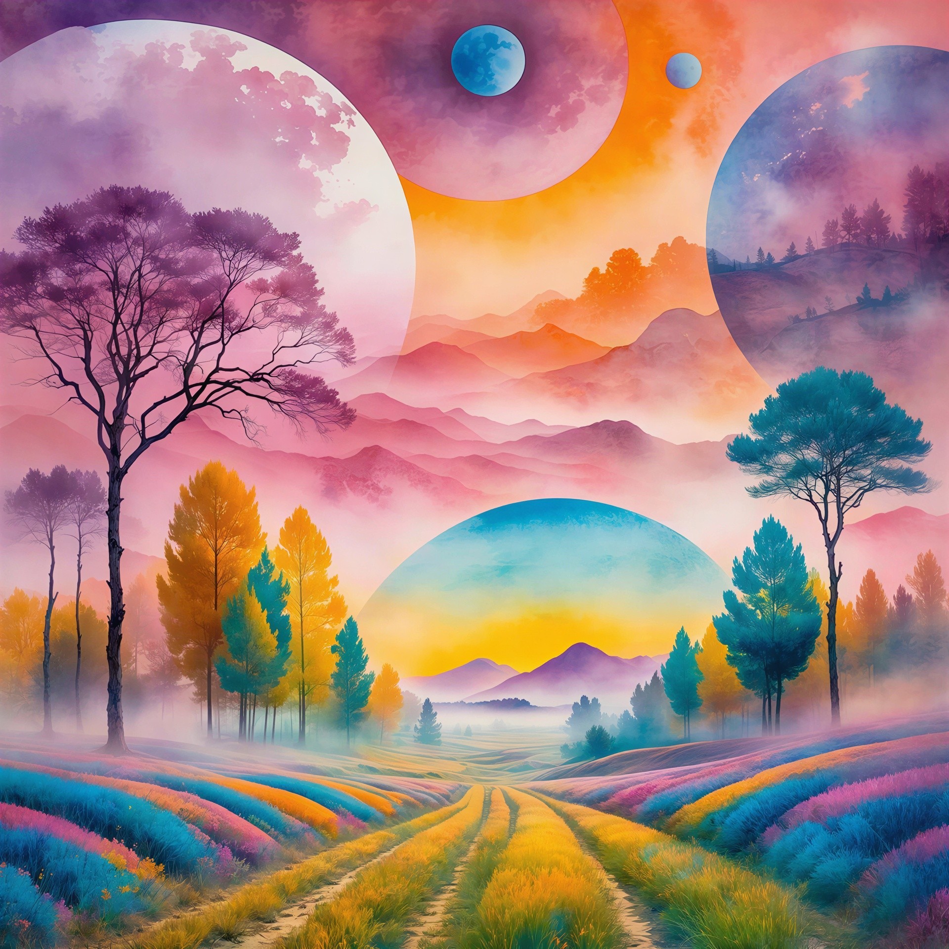 Colorful Wildflower Landscape with Celestial Moons