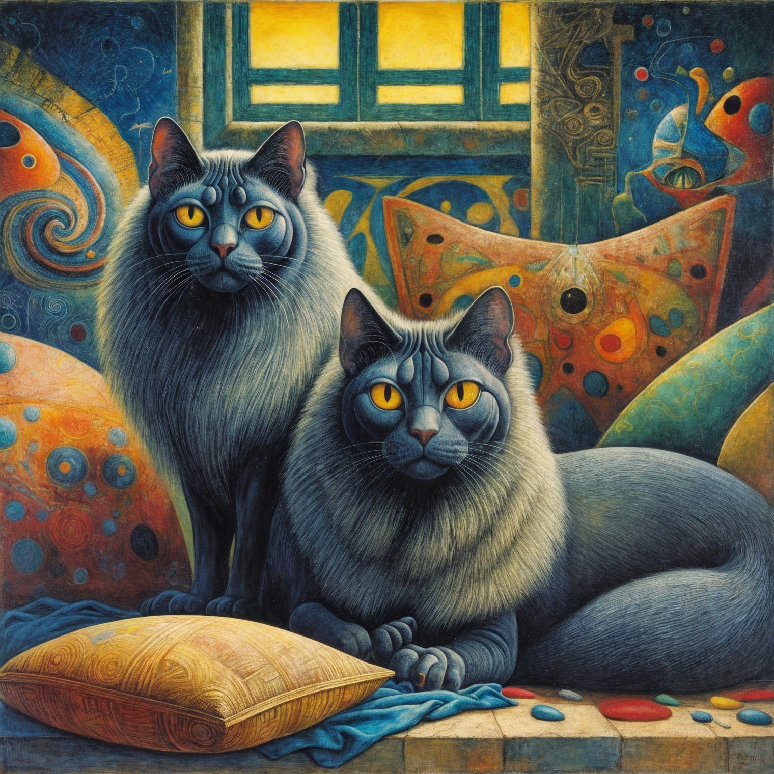 Gray Cats with Golden Eyes Among Colorful Cushions
