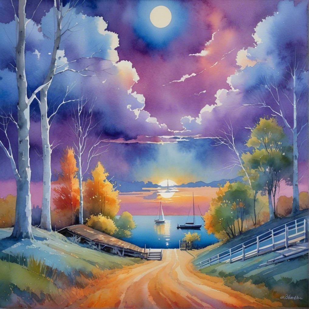 Serene Landscape with Moonlit Waterway and Autumn Trees