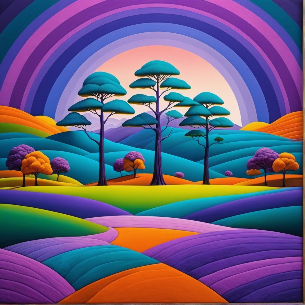 Vibrant Landscape with Colorful Rolling Hills and Trees