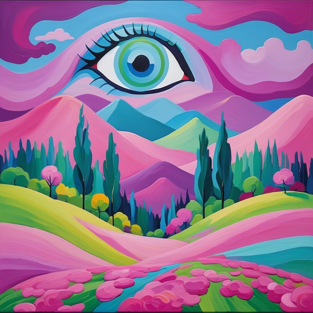 Cubist Painting of Surreal Landscape with Eye in Sky