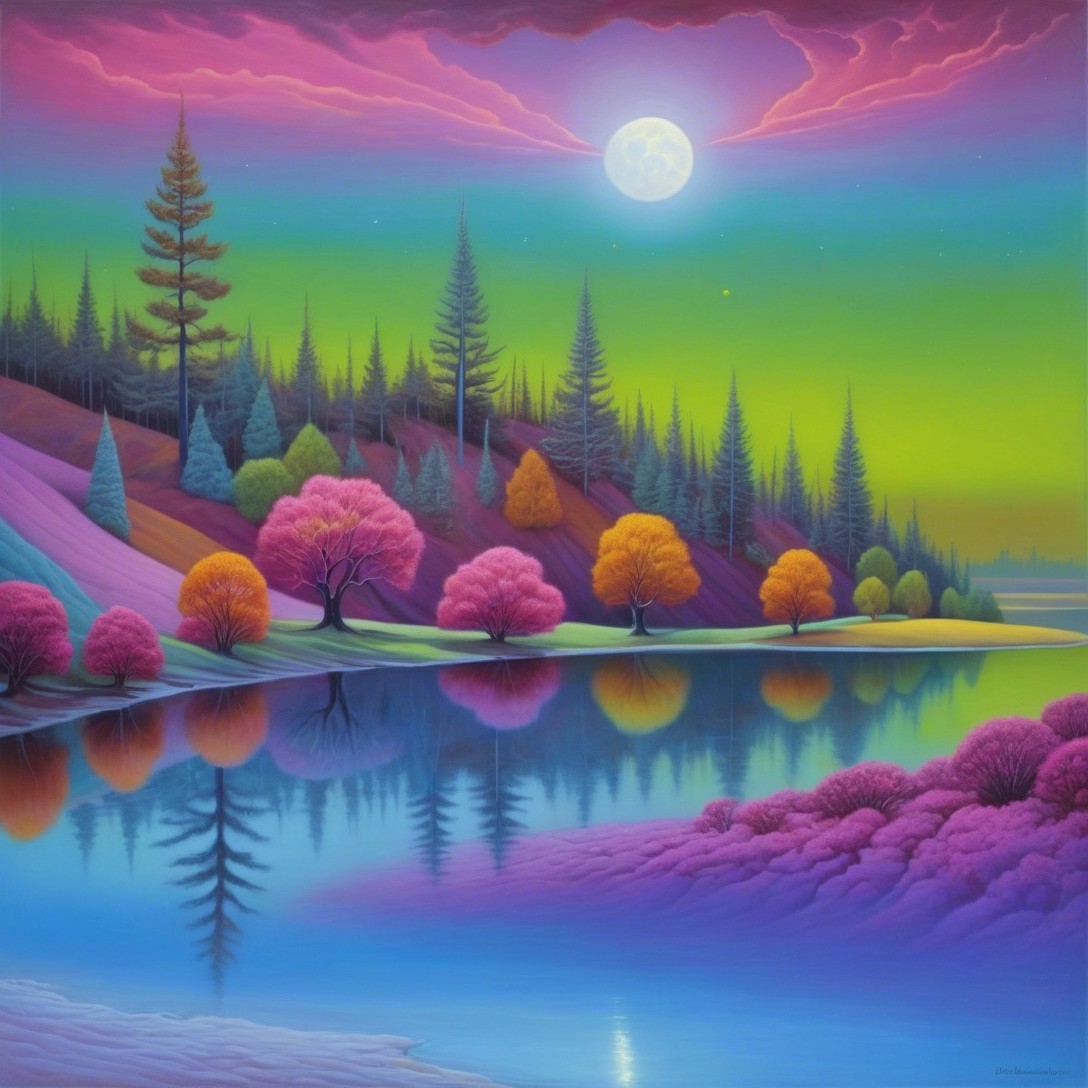 Vibrant Landscape with Serene Lake and Colorful Trees