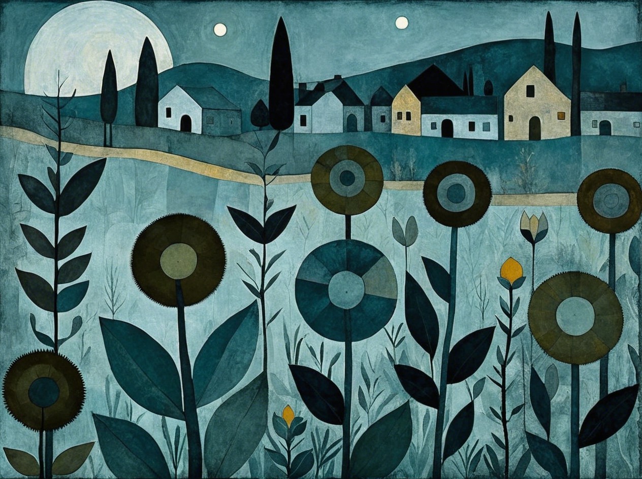 Serene Night Landscape with Moon and Colorful Flowers