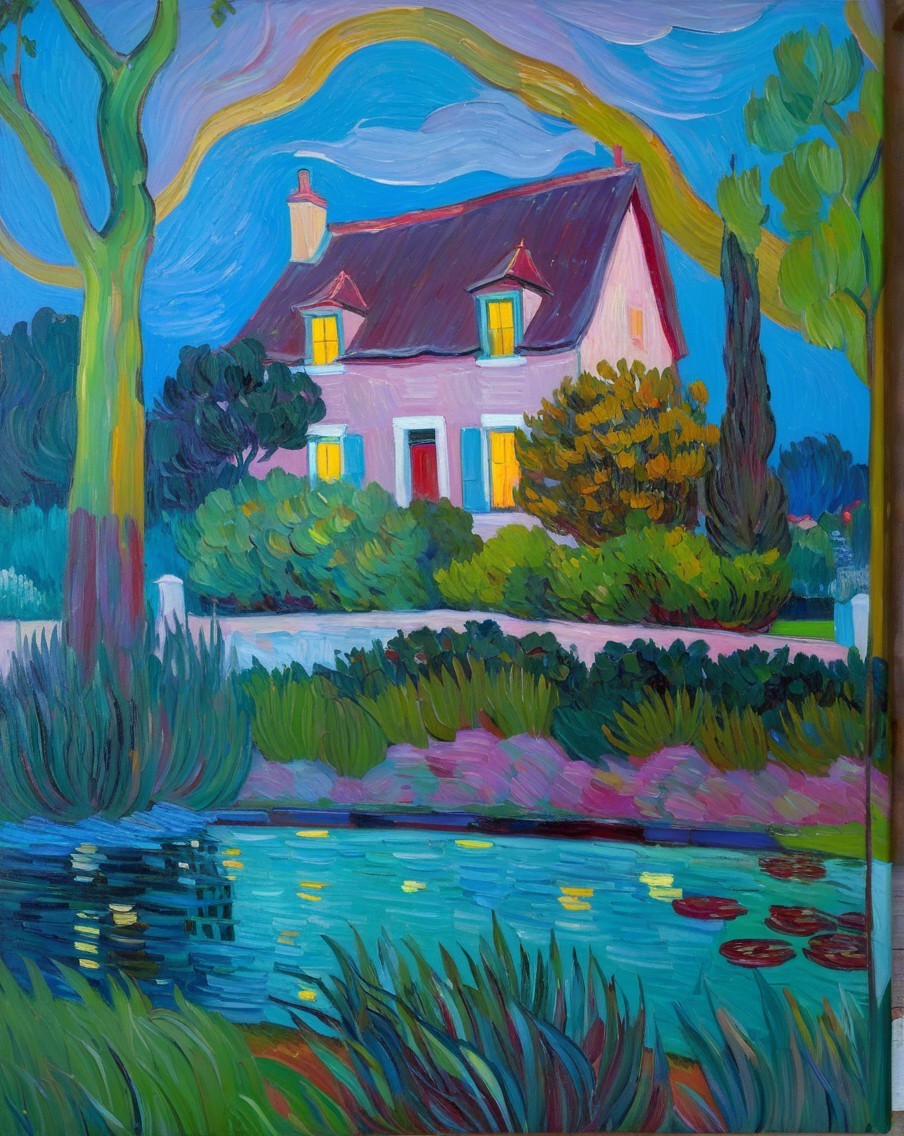 Vibrant Landscape with Quaint House and Serene Pond