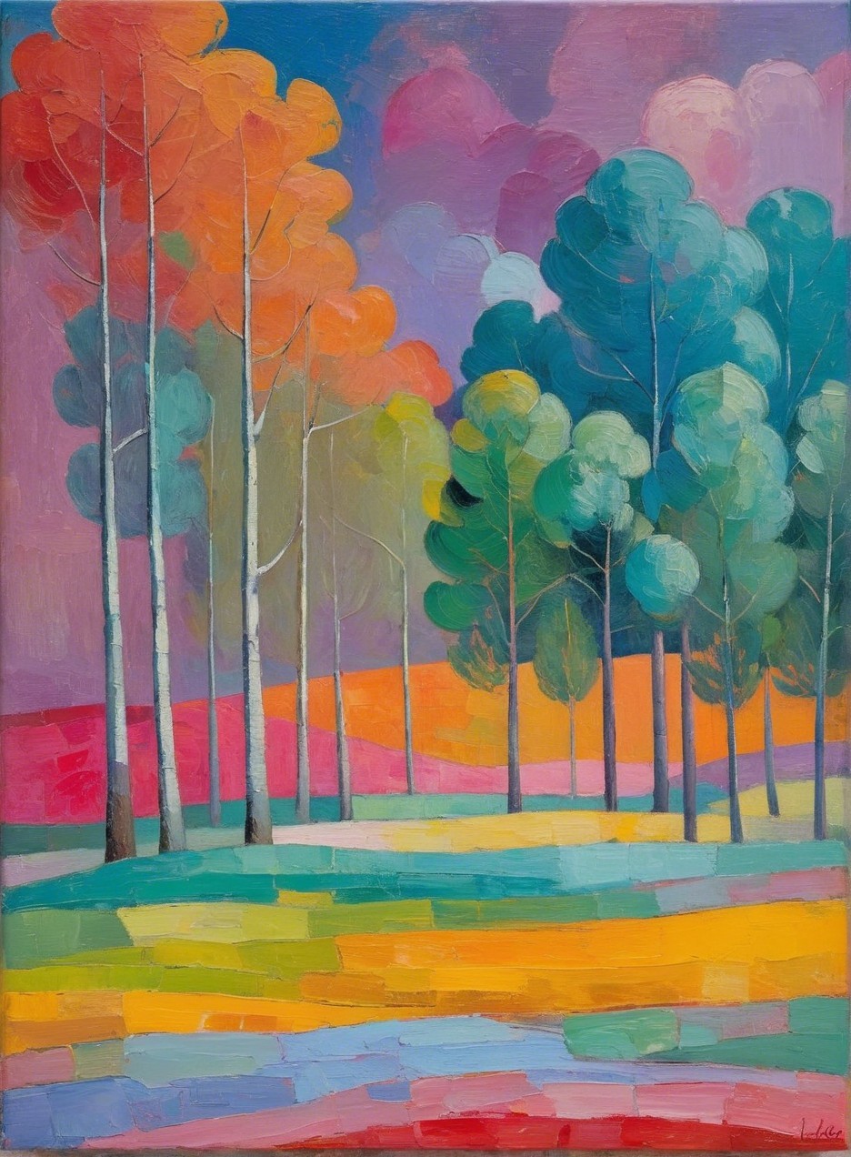 Vibrant Abstract Landscape with Colorful Trees and Sky