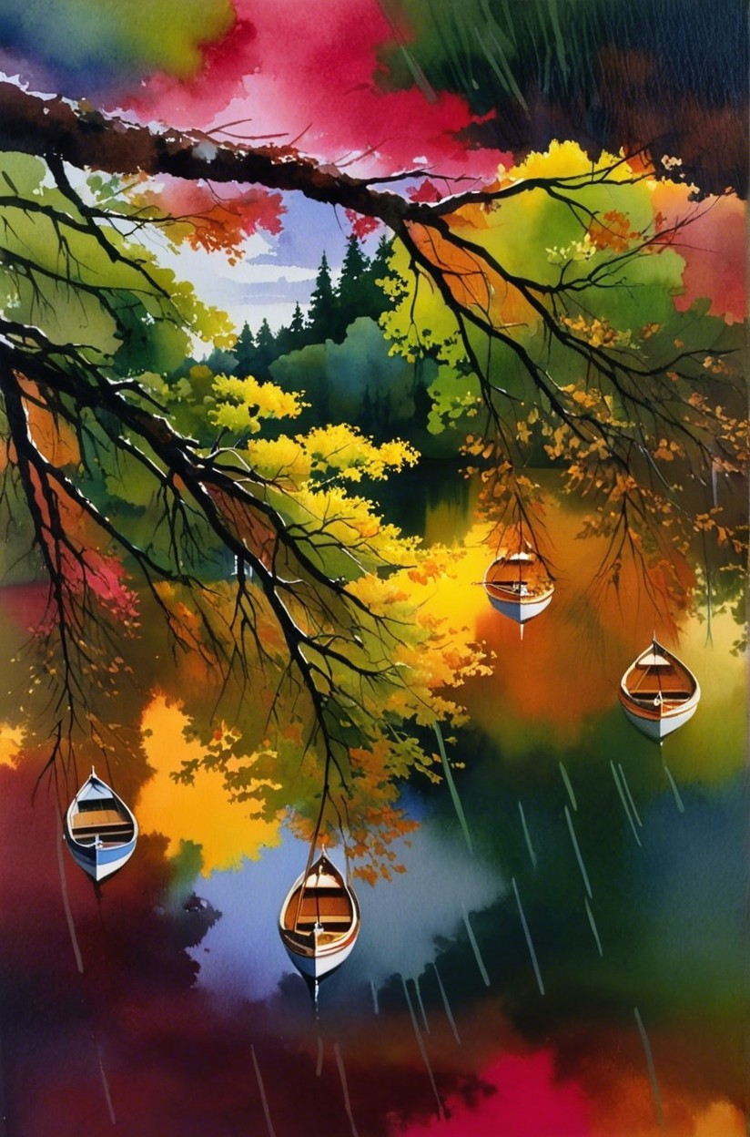 Vibrant Watercolor Lakeside Scene with Autumn Foliage