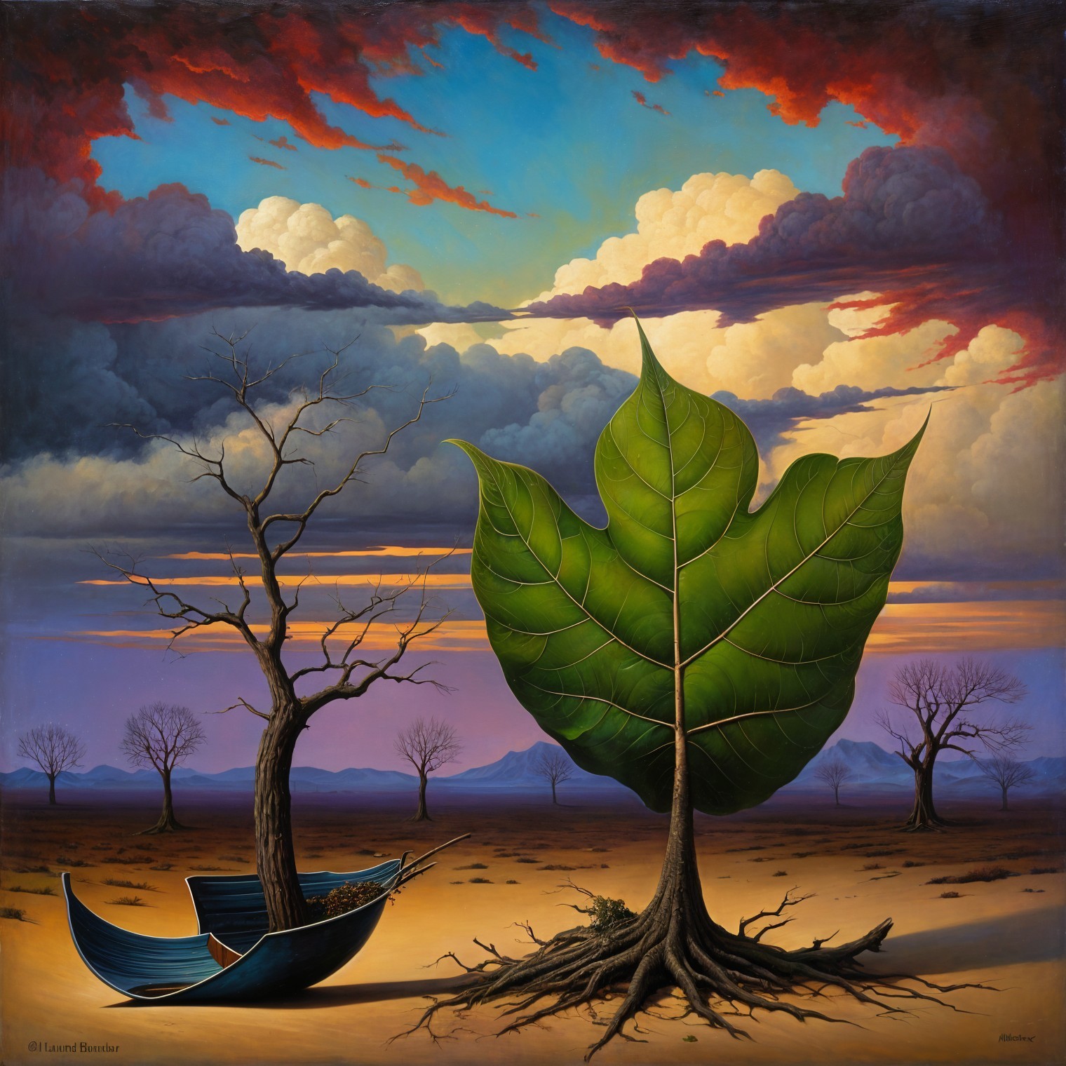 Surreal Landscape with Giant Leaf Tree and Barren Tree