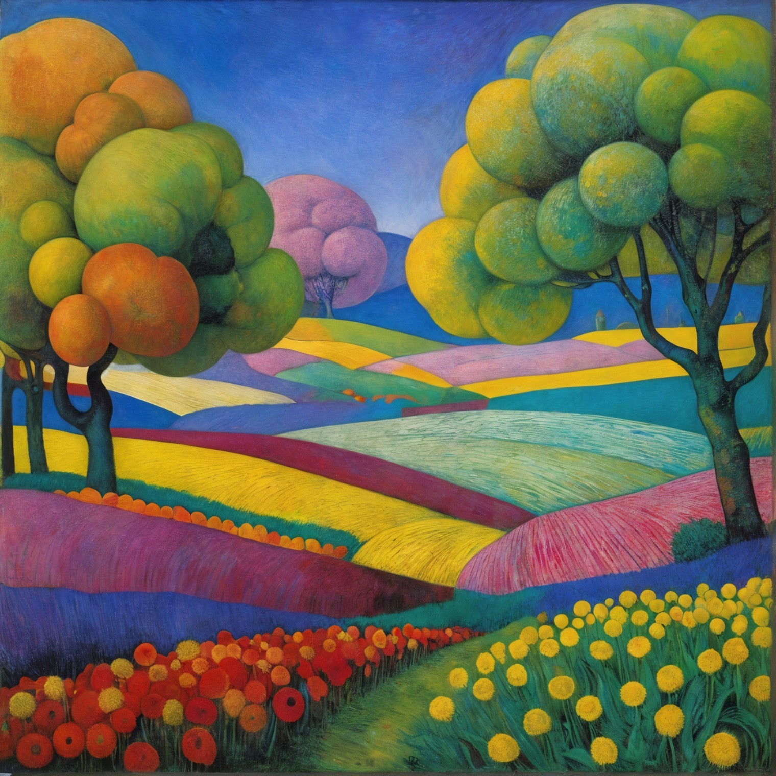 Vibrant Landscape with Colorful Flower Fields and Trees