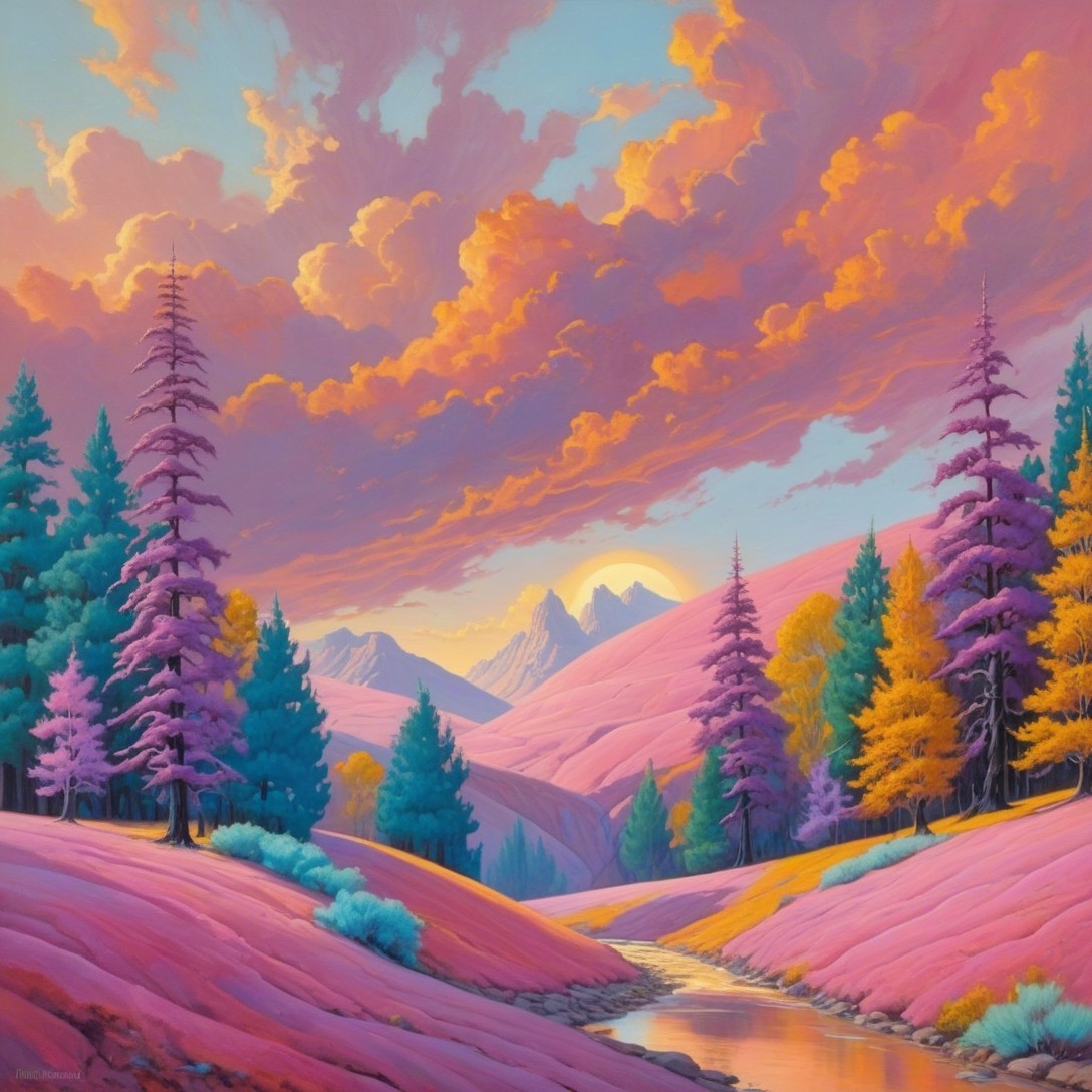 Vibrant Landscape with Colorful Sunset and Trees