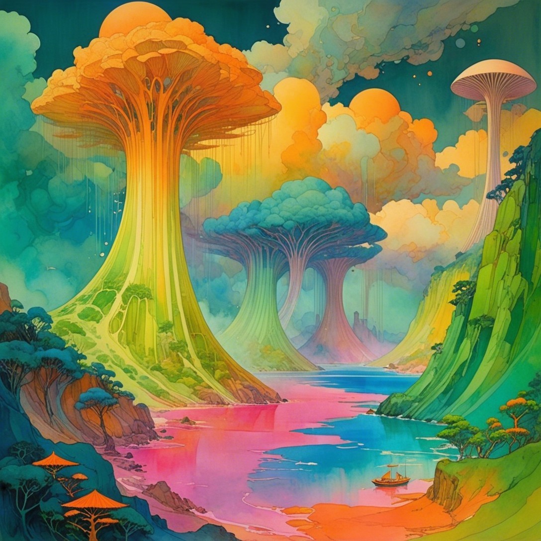 Surreal Landscape with Colorful Trees and River