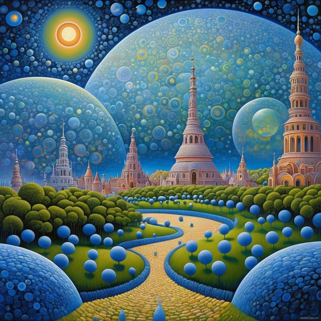 Surreal Landscape with Spires and Celestial Sky