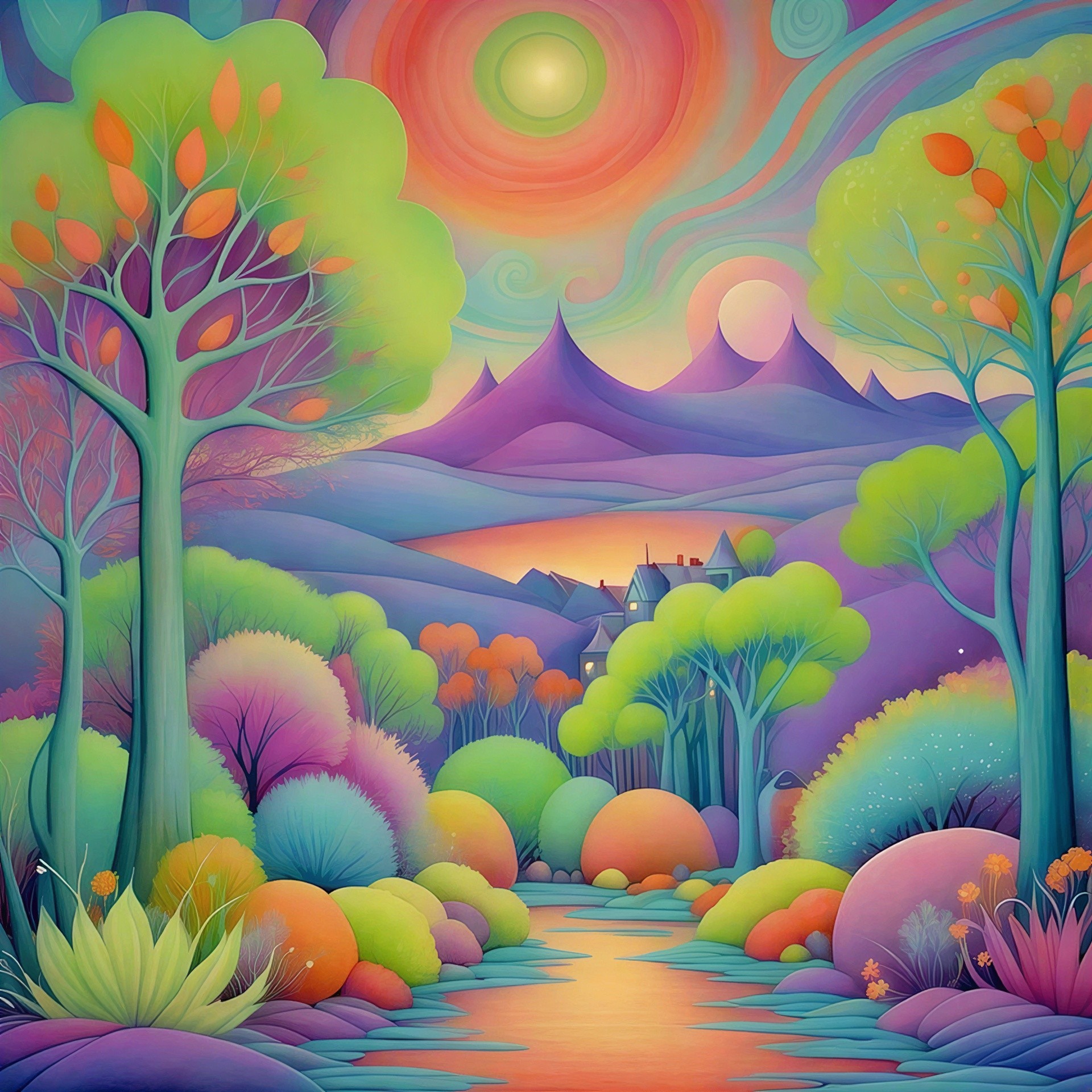 Pastel Fantasy Landscape with River and Distant Village