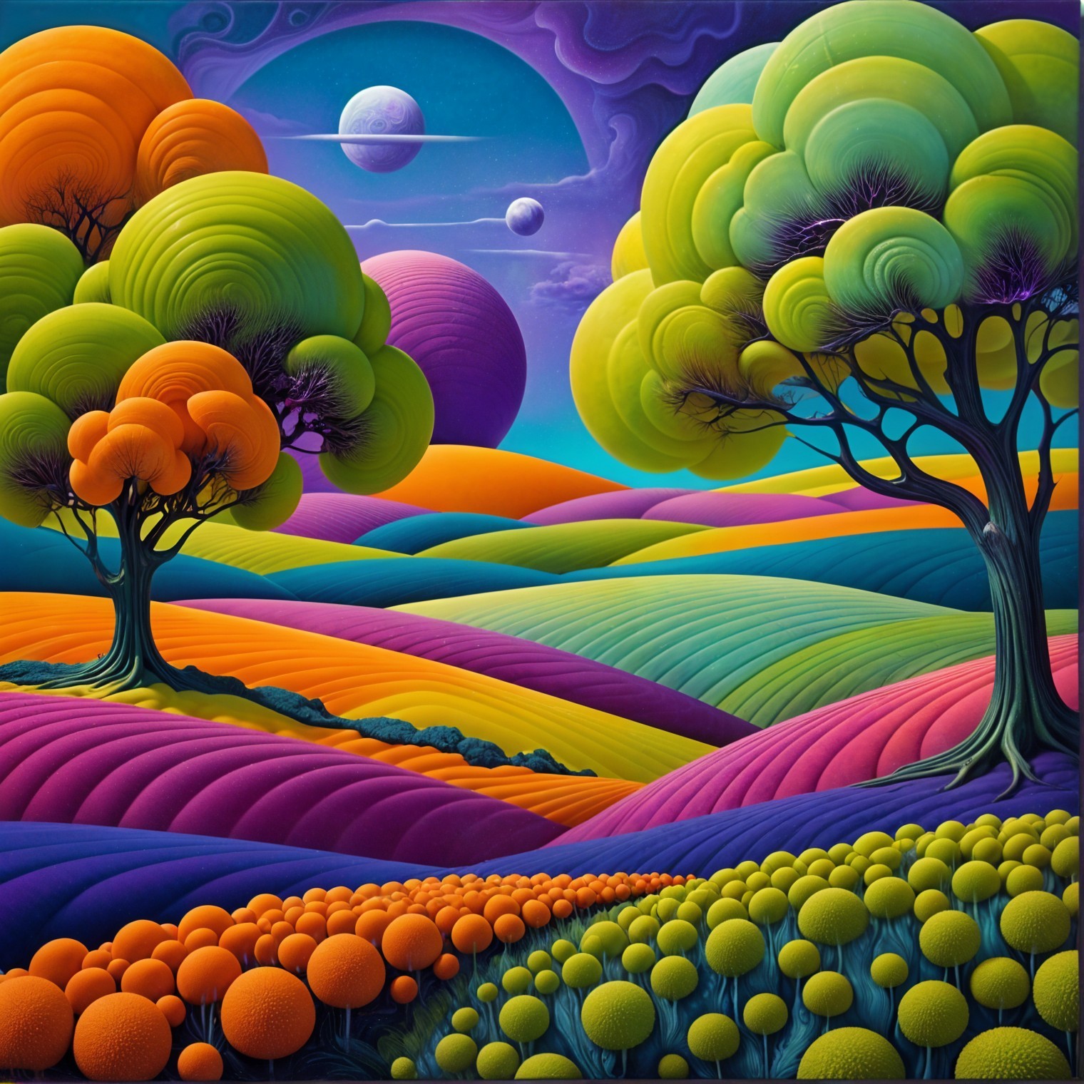 Surreal Landscape with Vibrant Trees and Colors