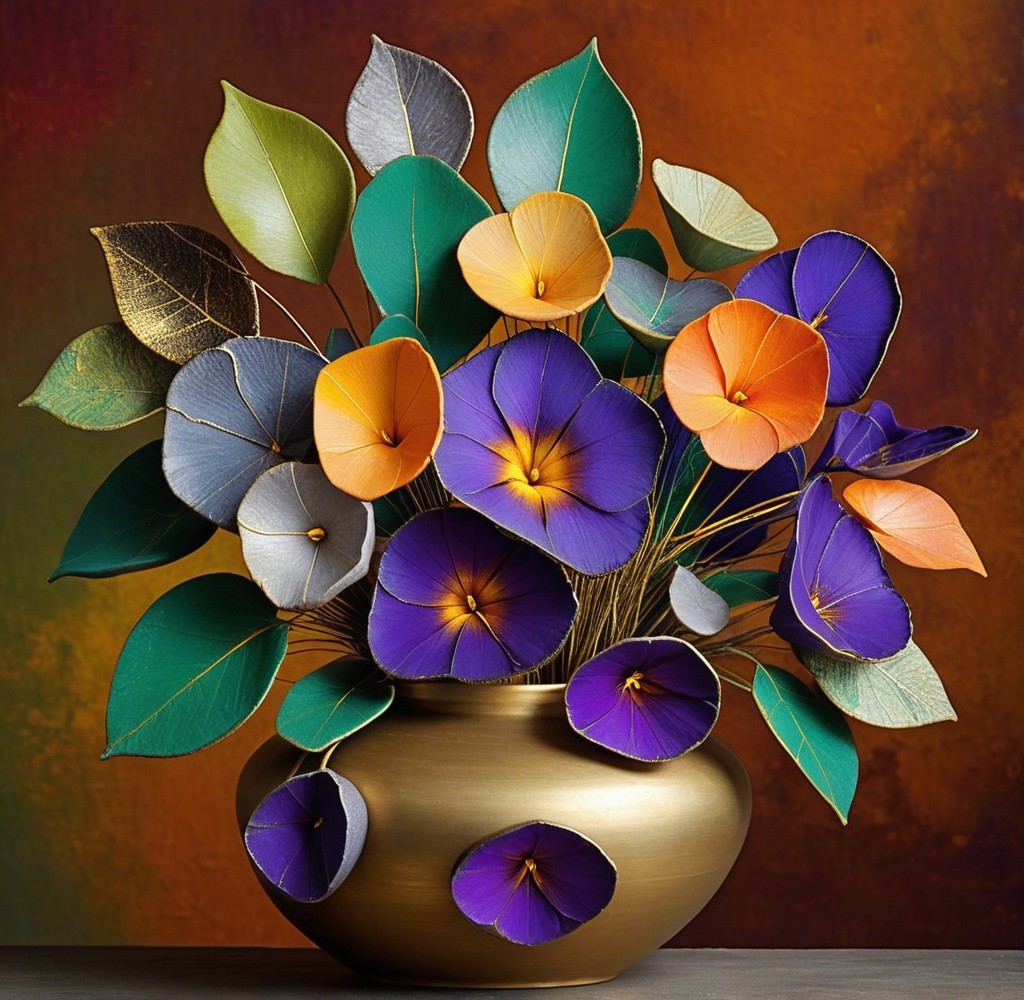 Artificial Flower Bouquet in Golden Vase with Leaves