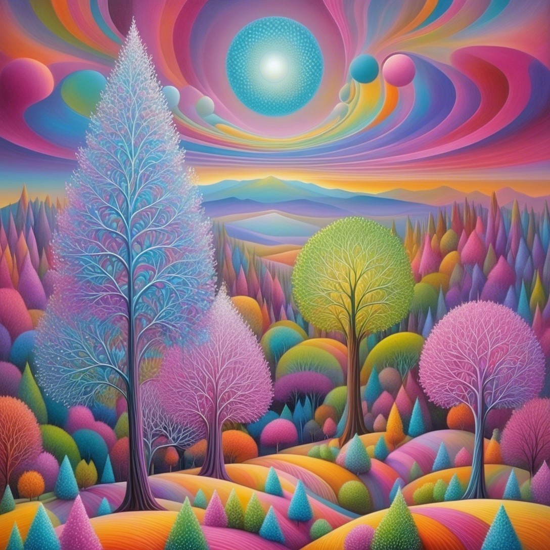 Surreal Landscape with Colorful Trees and Sky