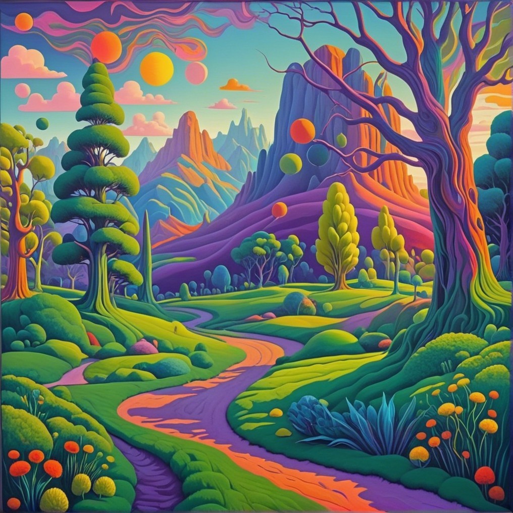 Surreal Landscape with Colorful Trees and Orbs
