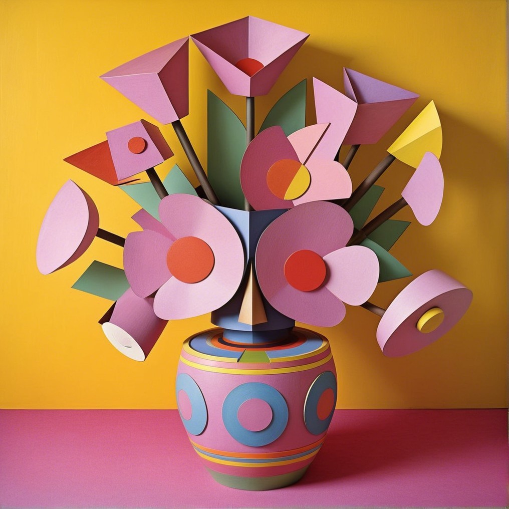 Colorful Geometric Floral Arrangement in Stylized Vase