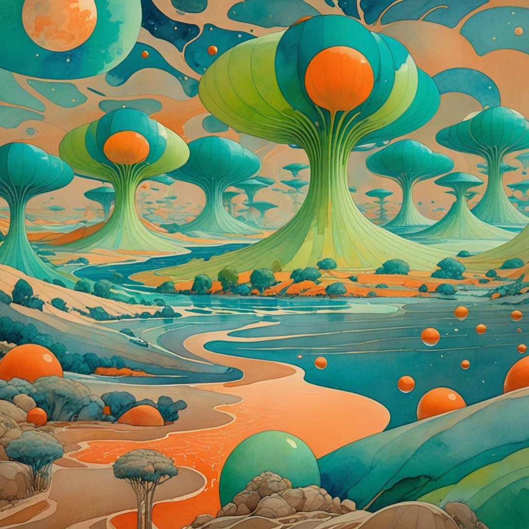 Surreal Landscape with Mushroom Structures and River