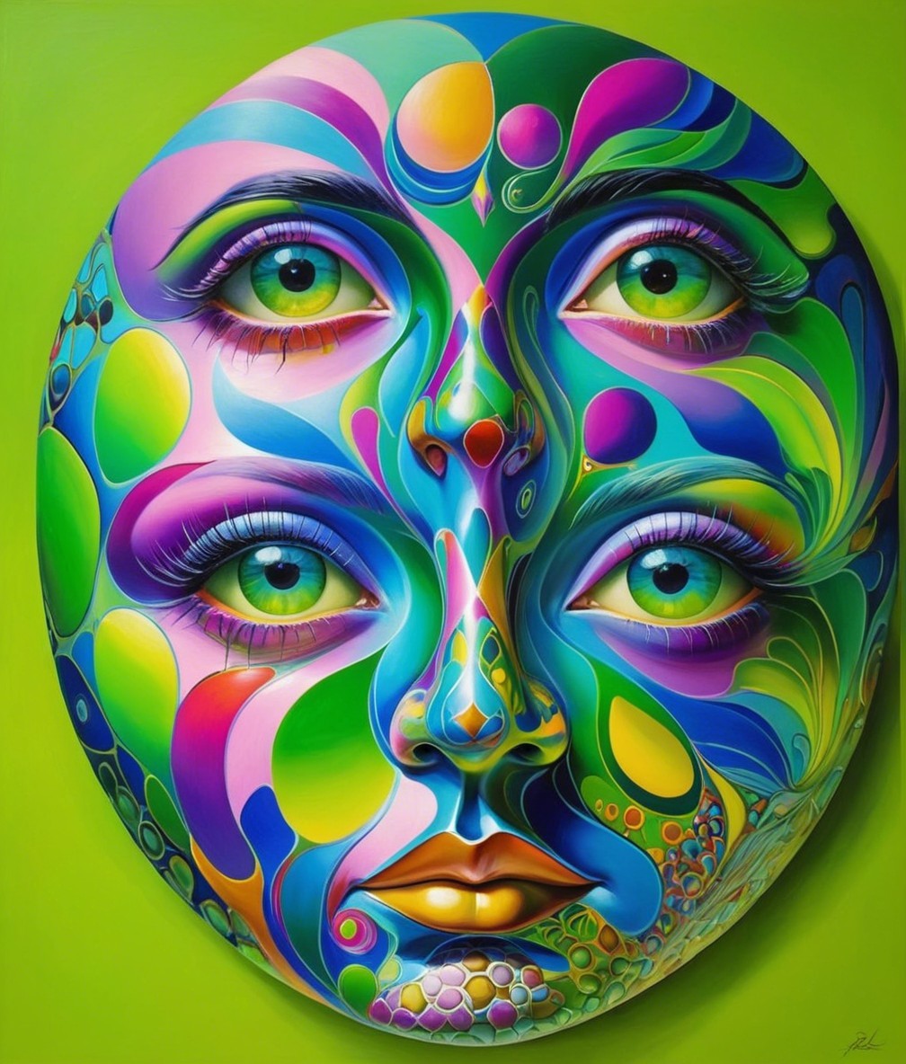 Vibrant Surreal Face with Bold Colors and Patterns