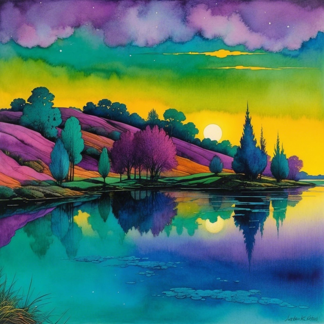 Vibrant landscape with colorful hills and serene waters