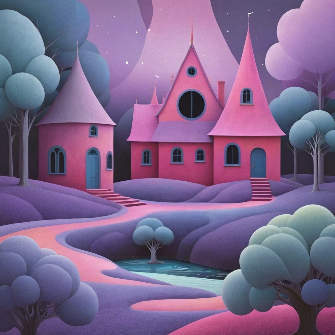 Whimsical Landscape with Pink Houses and Starry Sky