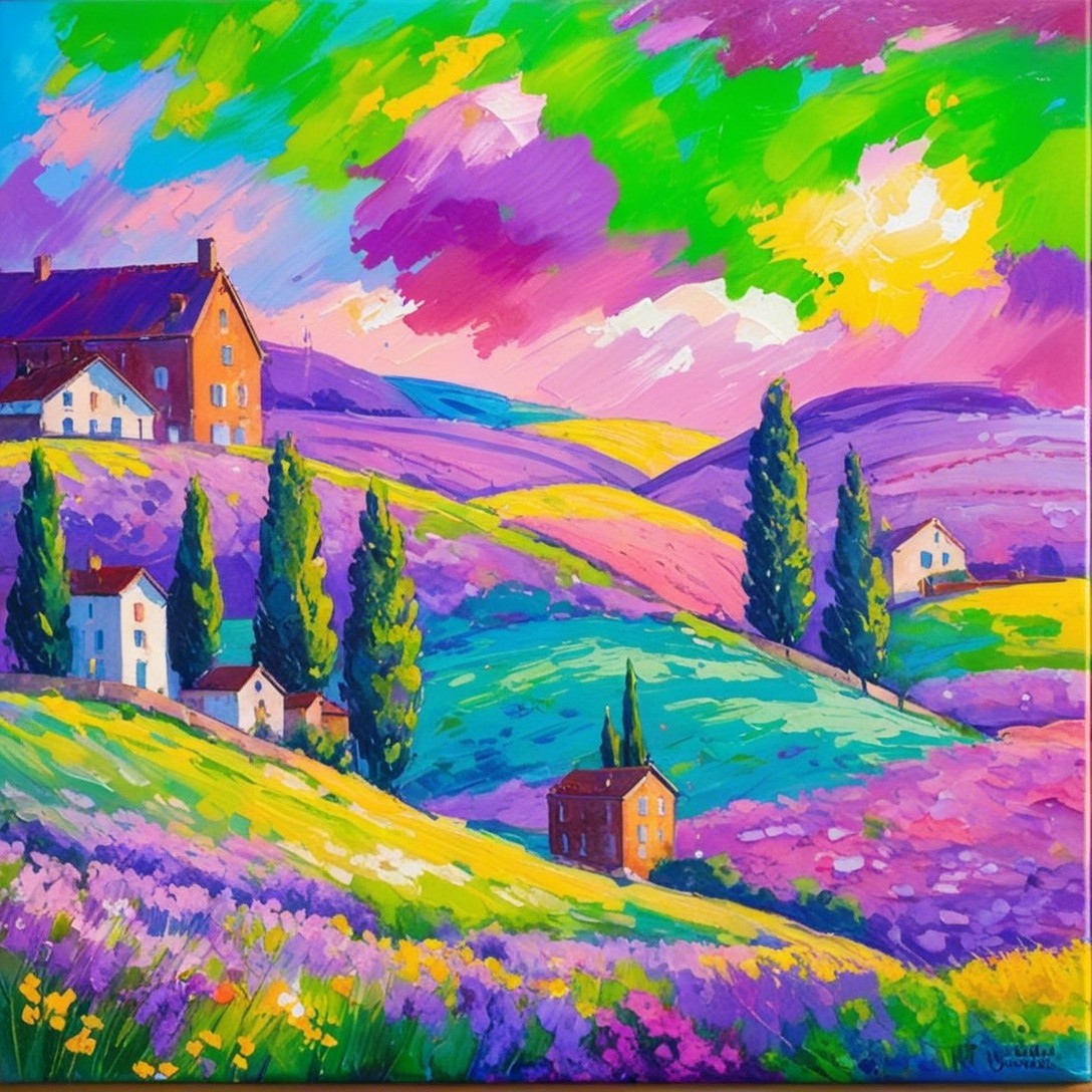 Vibrant Landscape with Rolling Hills and Cottages